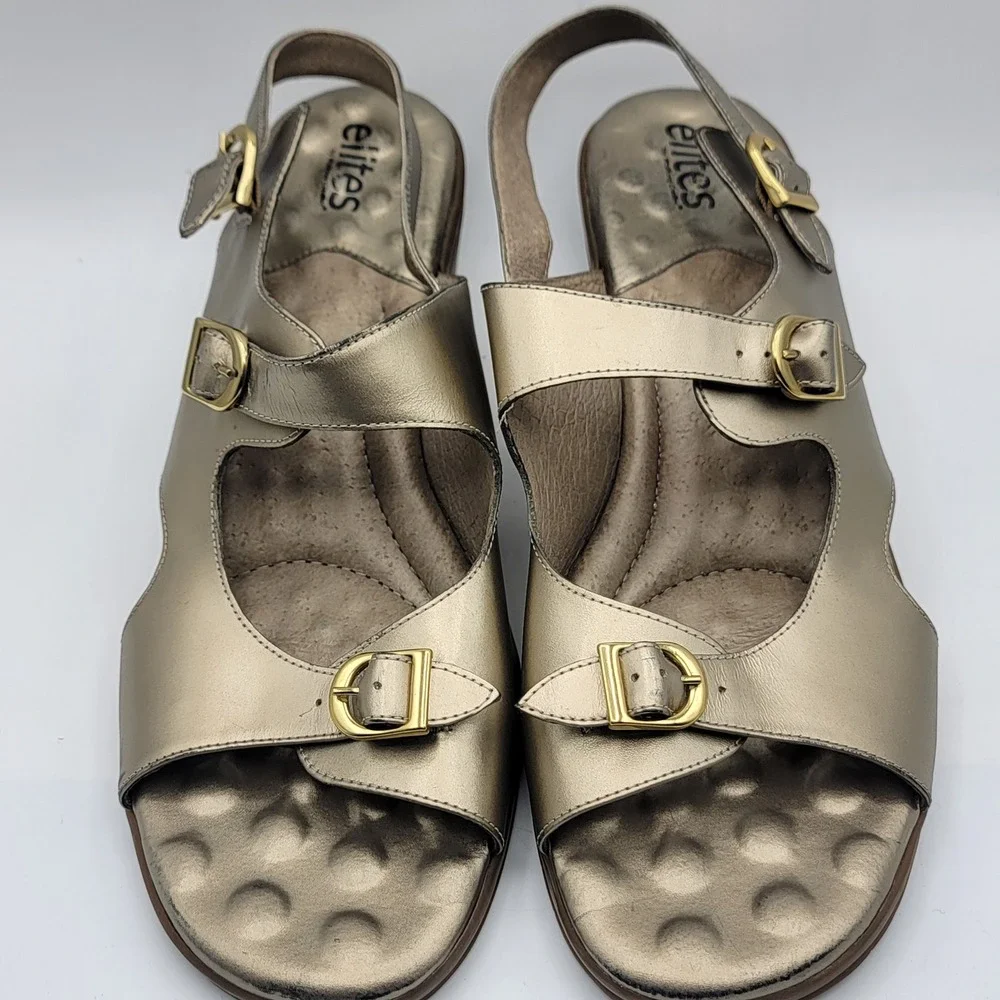 Elites by Walking Cradles Bronze Metallic Leather Wedge Sandals Buckle Womens 8M